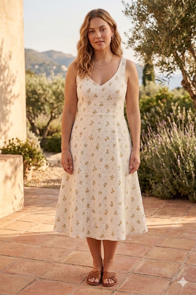 Cream Floral Midi Dress Sewing Pattern – Effortless Elegance with V-Neckline &amp; Flowy Silhouette