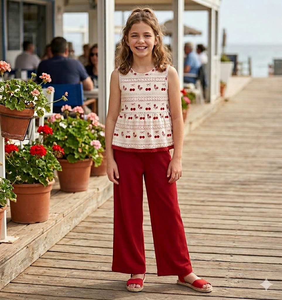 Little One's Two-Piece Outfit Sewing Pattern: Sleeveless Print Top &amp; Red Wide-Leg Pants