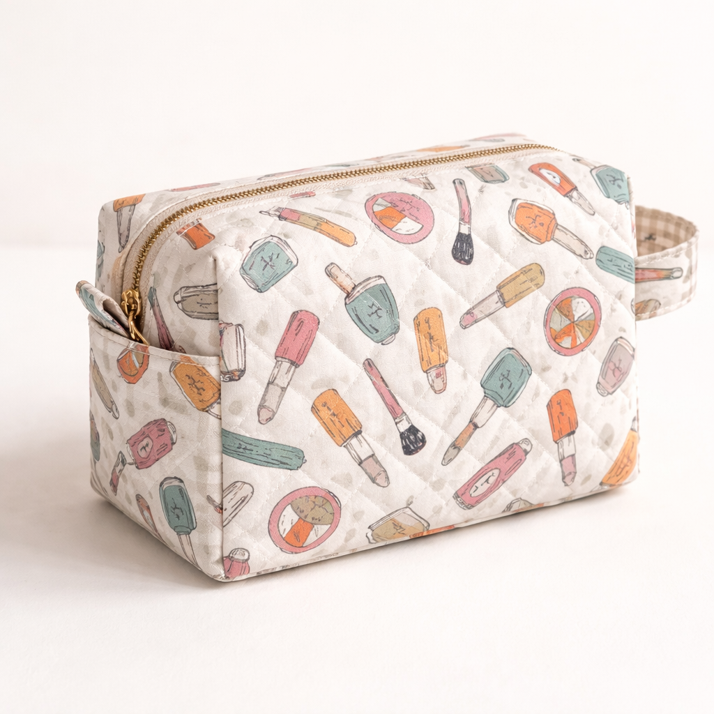 Beauty-Themed Quilted Cosmetic Pouch