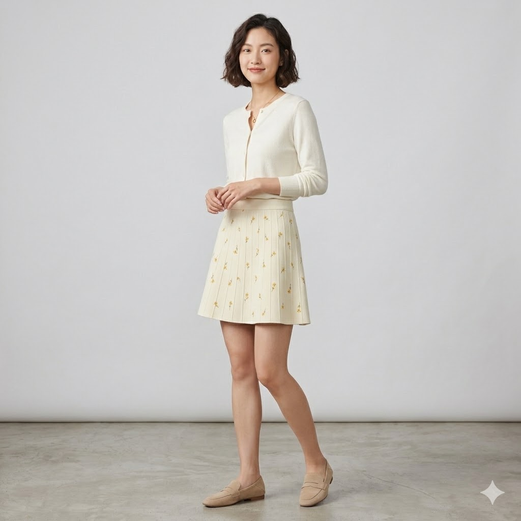 Elegant Two-Piece Outfit: Knit Cardigan &amp; Floral Pleated Mini Skirt Sewing Pattern