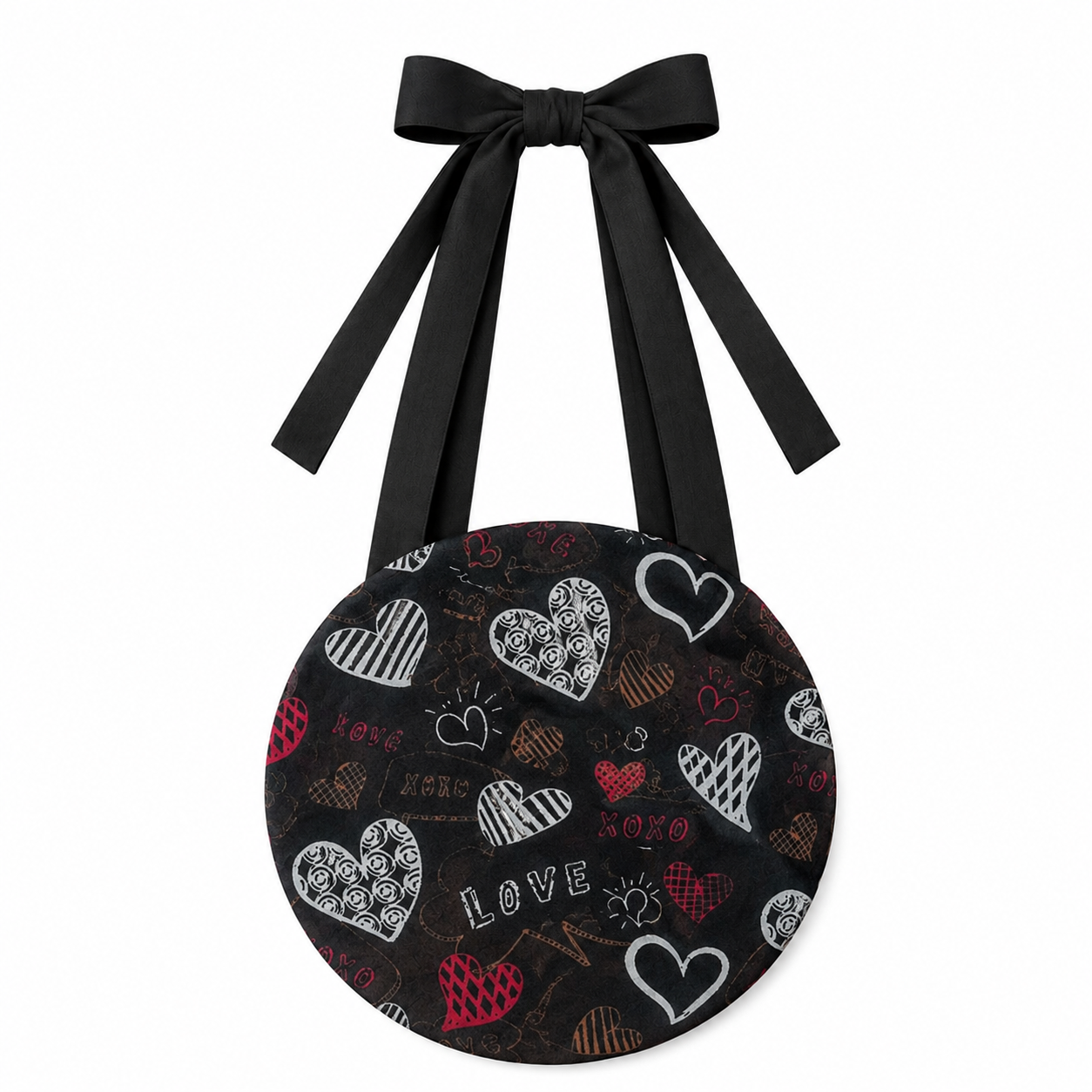 Round Heart-Print Crossbody Bag with Black Ribbon Strap
