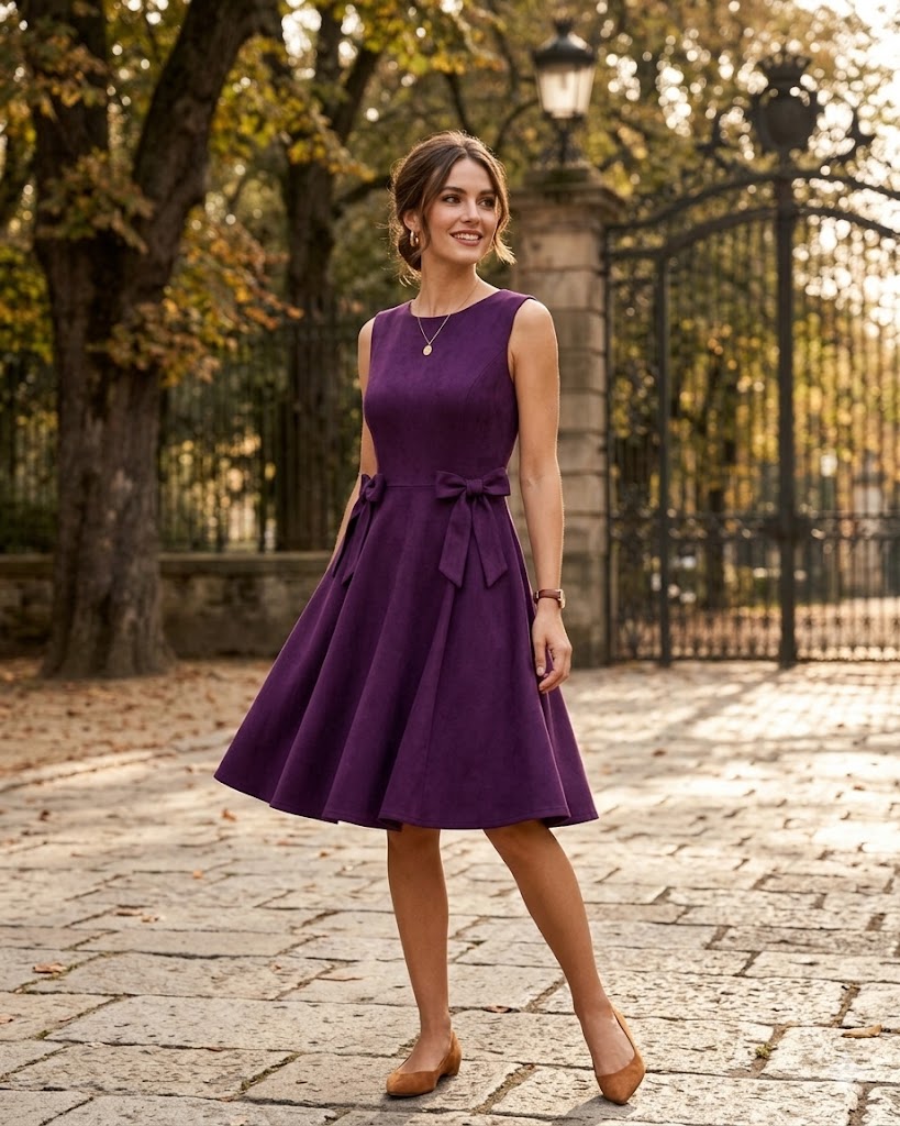 Elegant Sleeveless Purple A-line Midi Dress with Side Bow Details