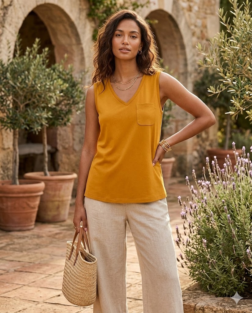 Mustard V-Neck Sleeveless Tank Top with Chest Pocket