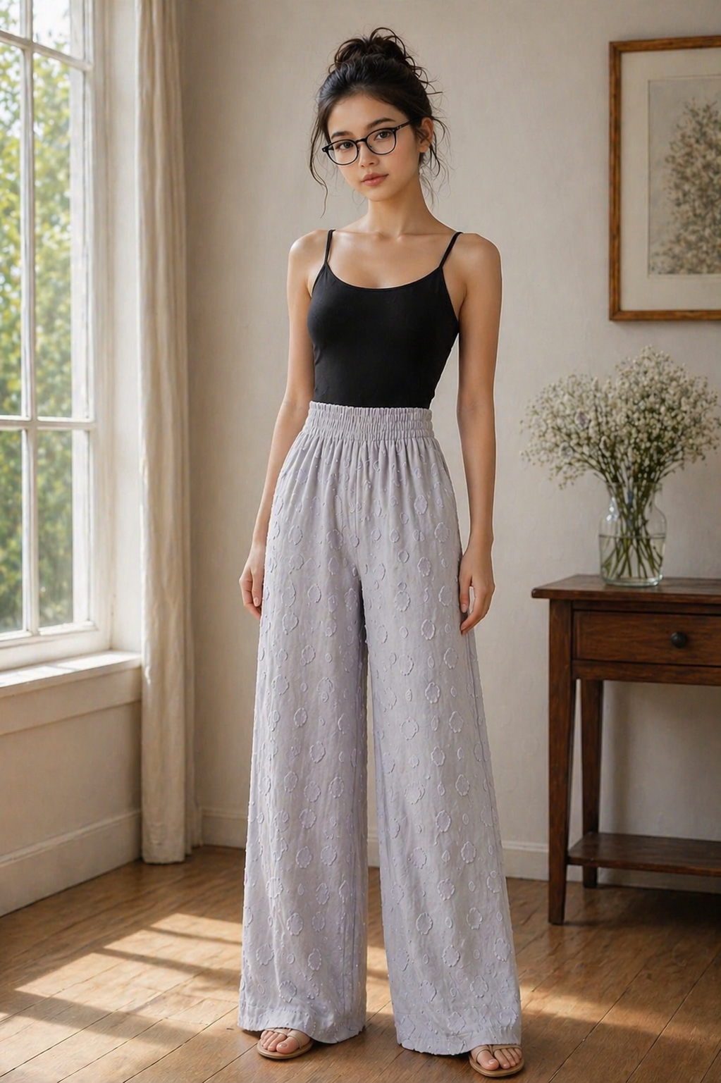 Light Gray Wide-Leg Pants Sewing Pattern with Elastic Waistband