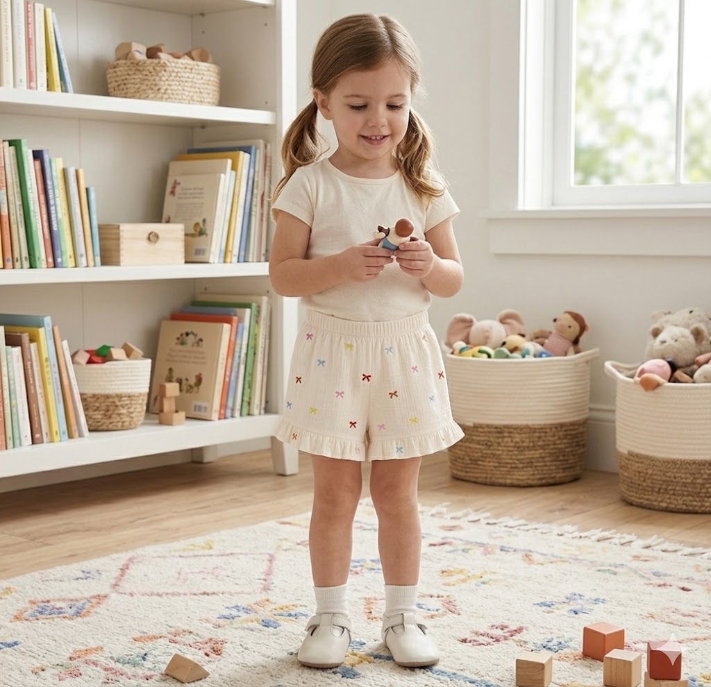 Cream Puff Girls' Two-Piece Outfit: Short-Sleeve Top with Embroidered Ruffle Shorts