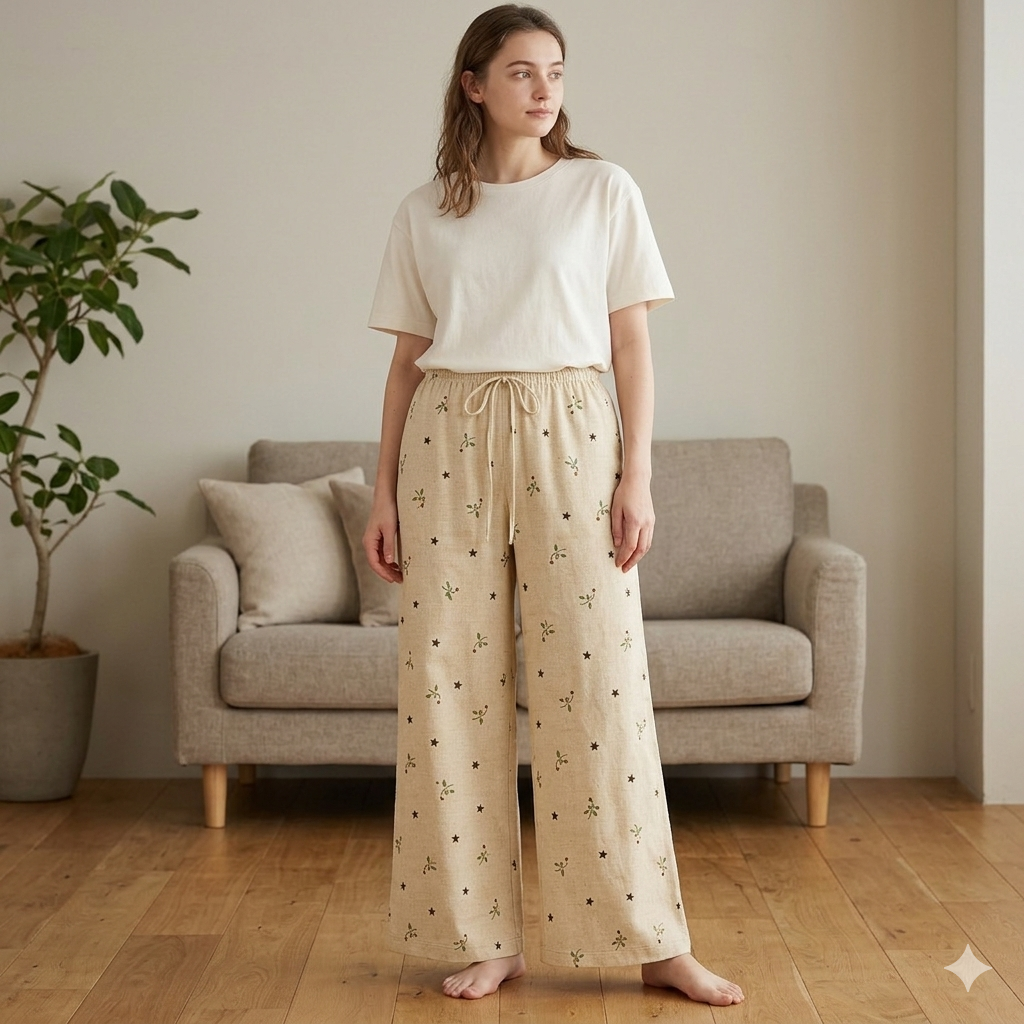Women's Lounge Set Sewing Pattern - Crew Neck Tee &amp; Printed Wide-Leg Pants Digital Download