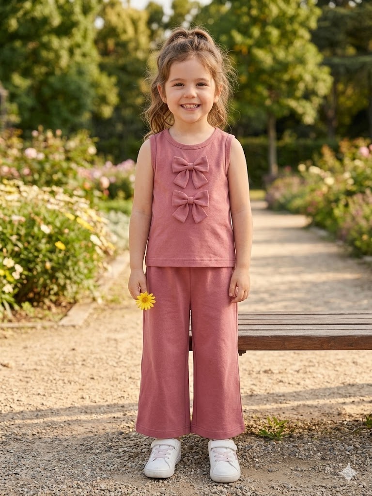 Girls' Sleeveless Top and Wide-Leg Pants Two-Piece Set with Bow Accents