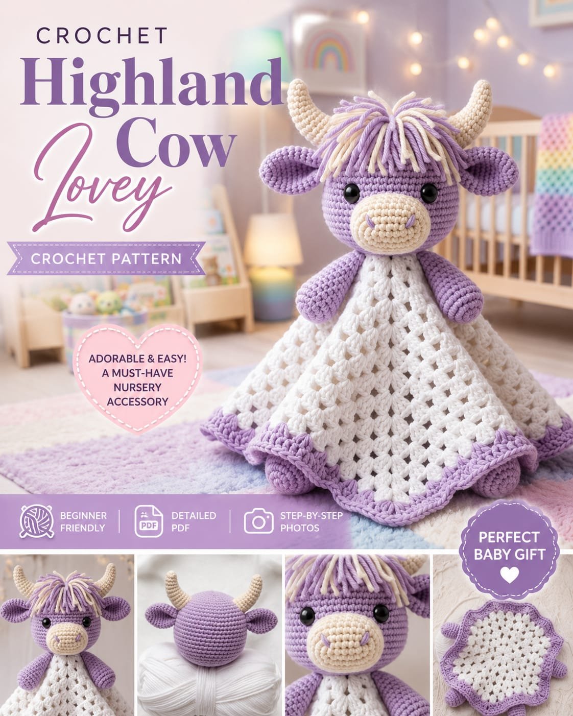 Crochet Highland Cow Lovey Pattern – PDF