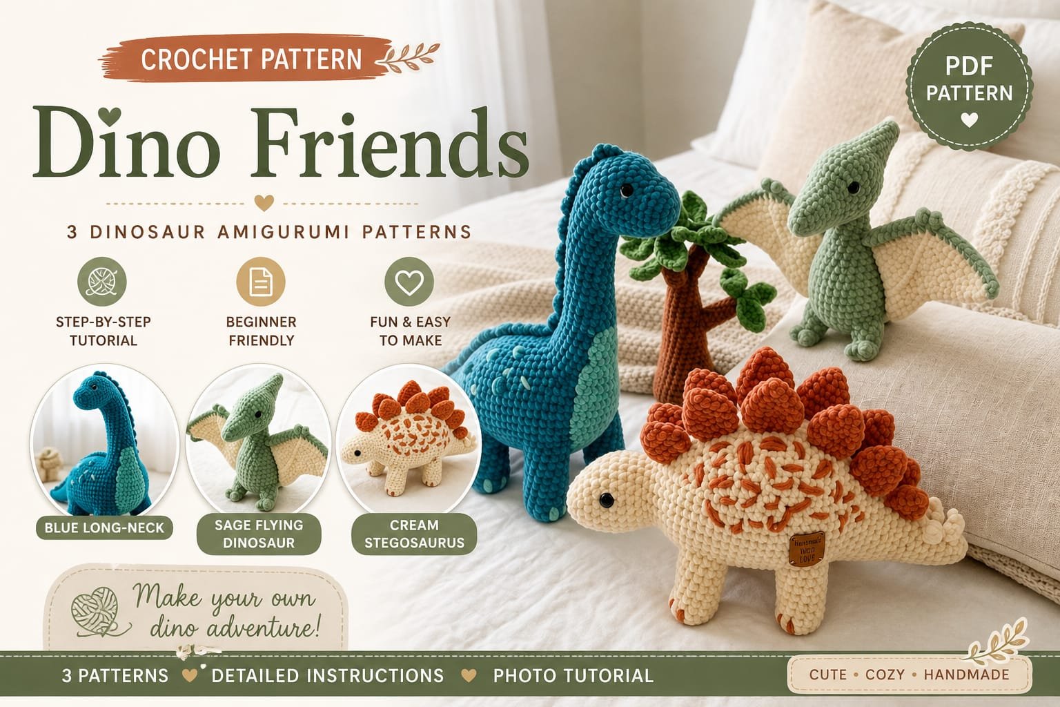 Dino Friends Crochet Pattern – 3 Dinosaur Amigurumi PDF